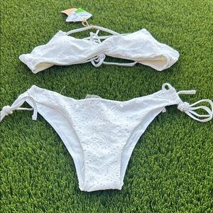 White Eyelet Lace Tie-Side Bikini - Women's Swim